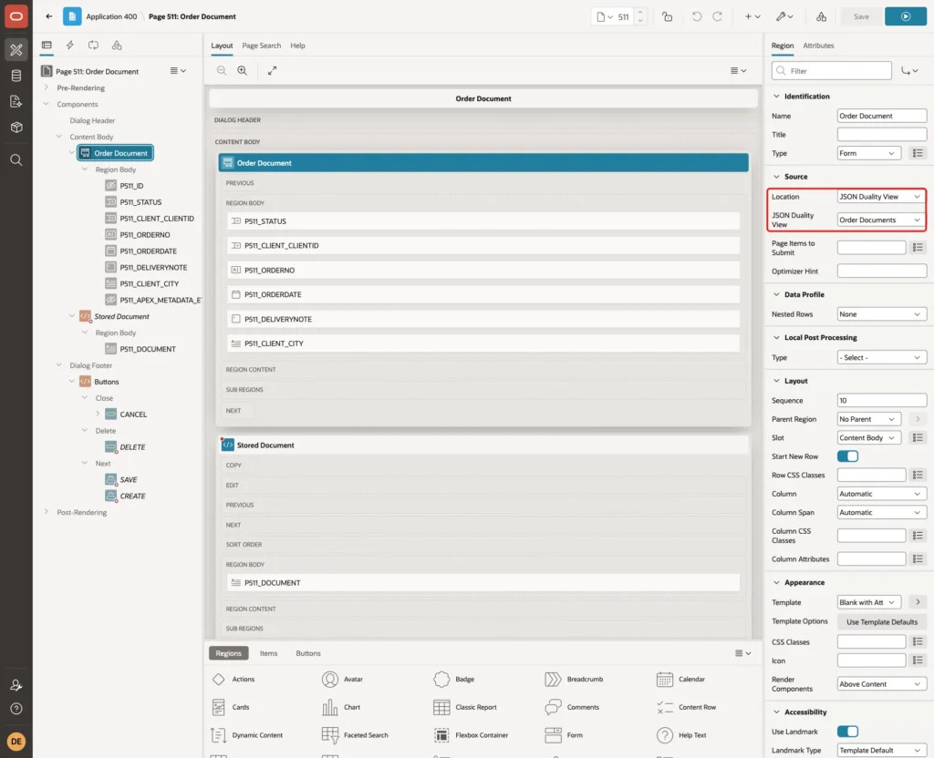 Page Designer with the Order Document form region and Source Location JSON Duality View and JSON Duality View Order Documents marked with a red box