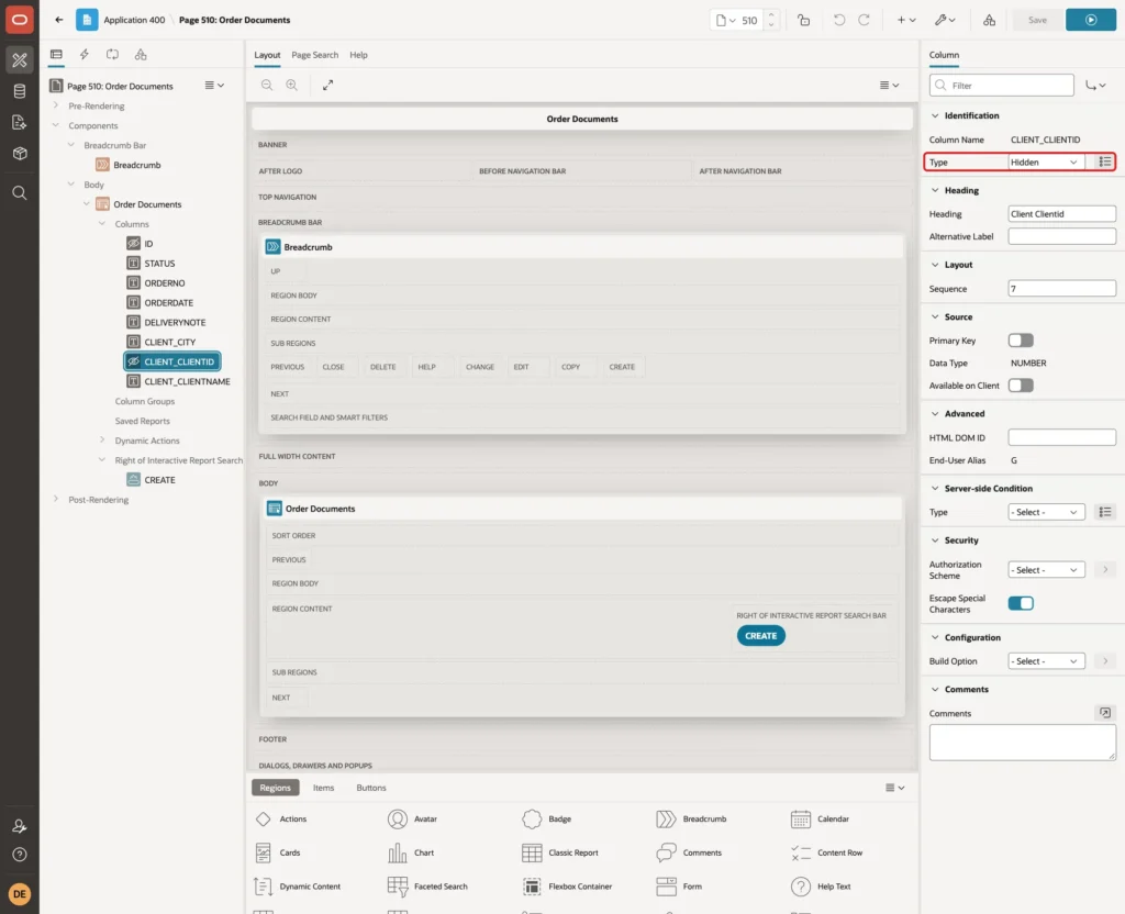 CLIENT_CLIENTID report column with Type Hidden marked with a red box