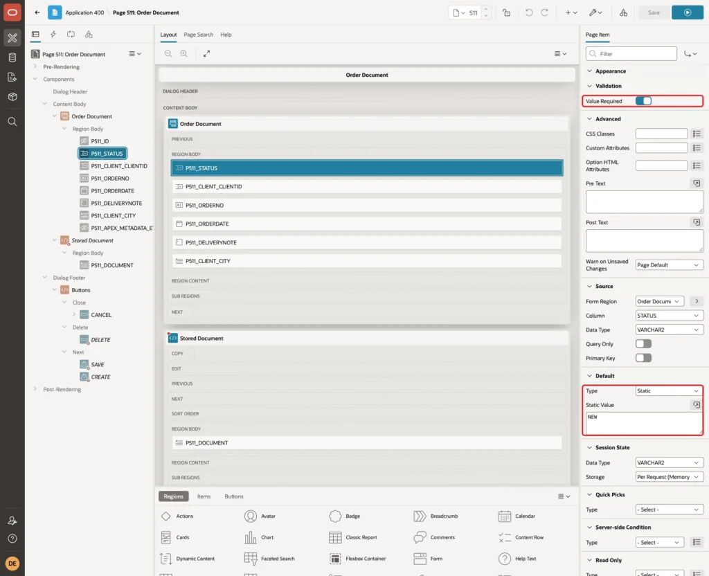 P511_STATUS with Value Required on and Default Type Static with Static Value NEW marked with red boxes