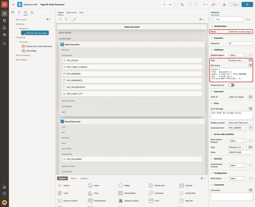 Validation Order No must be unique with Type No Rows returned and the SQL query marked with red boxes