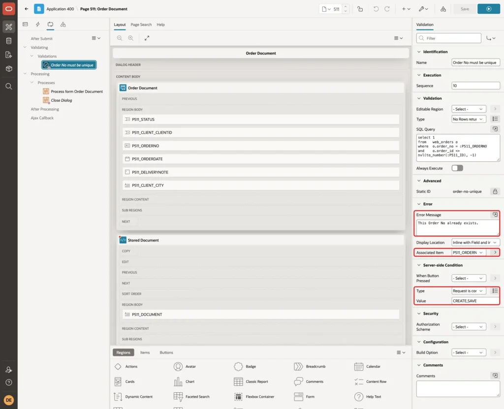 Validation with Error Message, Associated Item P511_ORDERNO and Server-side Condition Request is contained in Value CREATE,SAVE marked with red boxes