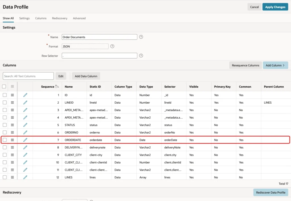Data Profile page with the ORDERDATE column row marked with a red box