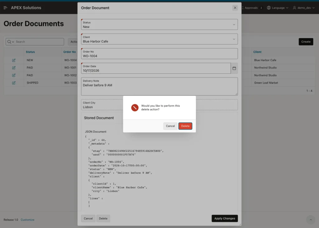 Order Document form for WO-1004 with the delete confirmation dialog