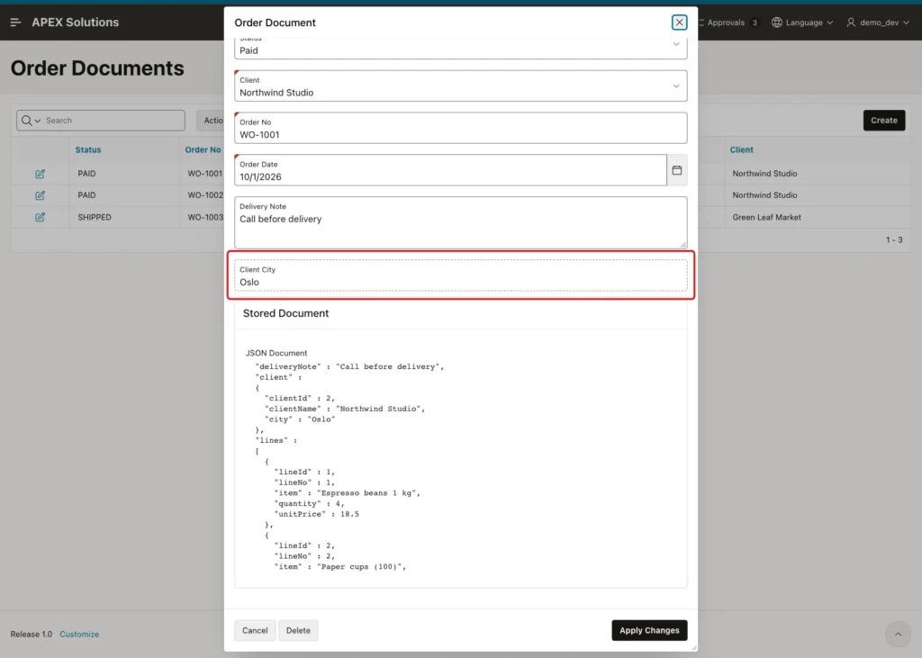 Order Document form with Client City Oslo marked with a red box and the JSON document showing client Northwind Studio and the lines