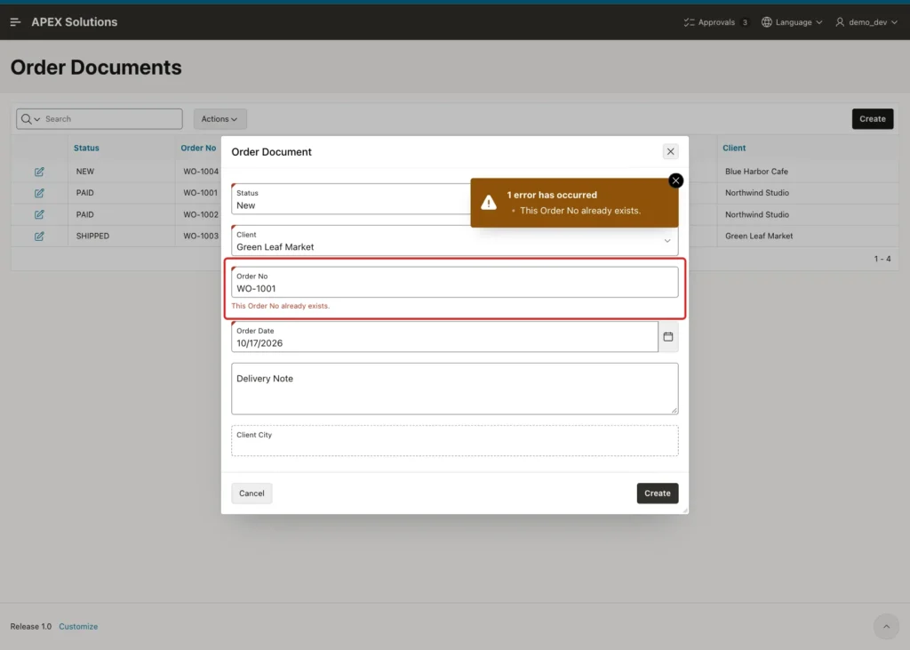 New order form with Order No WO-1001 and the message This Order No already exists marked with a red box