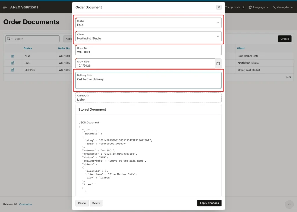 Order Document form with Status Paid, Client Northwind Studio and Delivery Note Call before delivery marked with red boxes