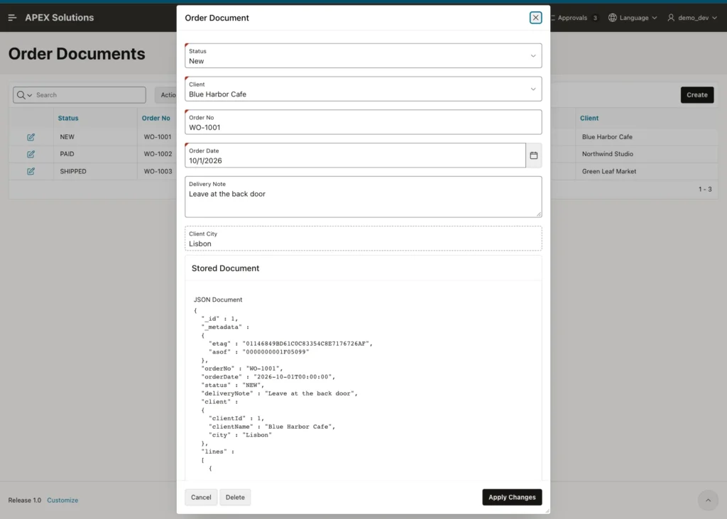 Order Document form for WO-1001 with the Stored Document region showing the JSON document