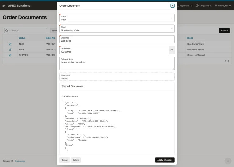 Order Document form for WO-1001 with the Stored Document region showing the JSON document