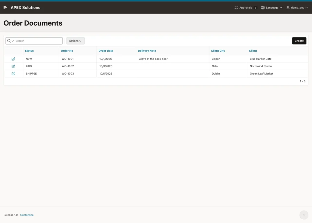 Order Documents interactive report with orders WO-1001, WO-1002 and WO-1003