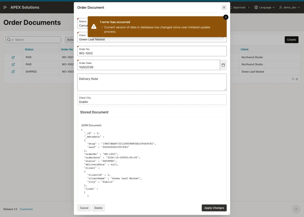 Order Document form for WO-1003 with the error Current version of data in database has changed since user initiated update process