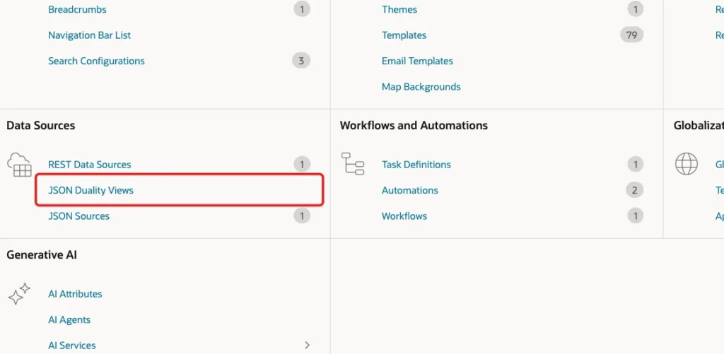Shared Components page with JSON Duality Views under Data Sources marked with a red box