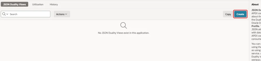 JSON Duality Views page with the Create button marked with a red box