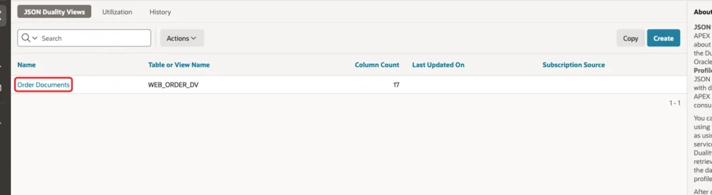 JSON Duality Views page with the Order Documents link marked with a red box