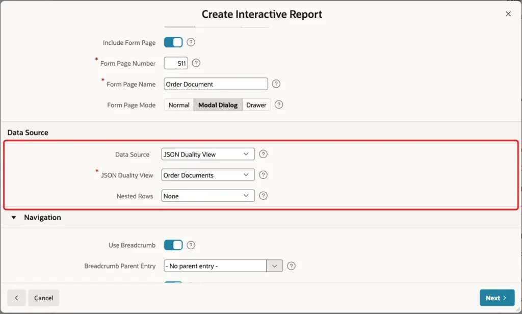 Data Source section with Data Source JSON Duality View, JSON Duality View Order Documents and Nested Rows None marked with a red box
