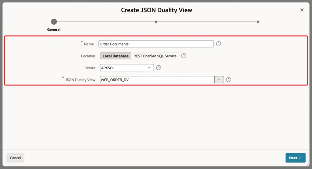 Create JSON Duality View General screen with Name Order Documents, Local Database, owner APXSOL and JSON Duality View WEB_ORDER_DV marked with a red box