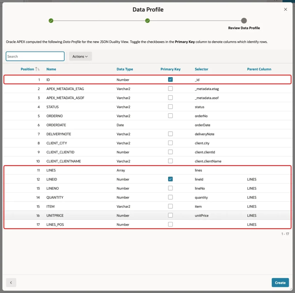 Data Profile screen with ID as primary key and the LINES array columns marked with red boxes