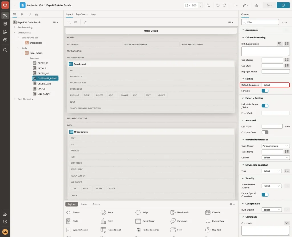 CUSTOMER_NAME column with Sorting Default Sequence cleared marked with a red box