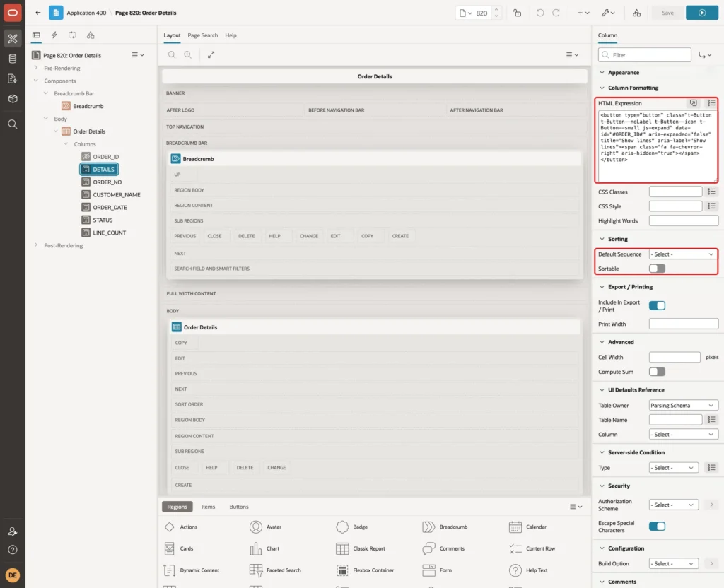 DETAILS column with the button HTML Expression and Sortable off marked with red boxes
