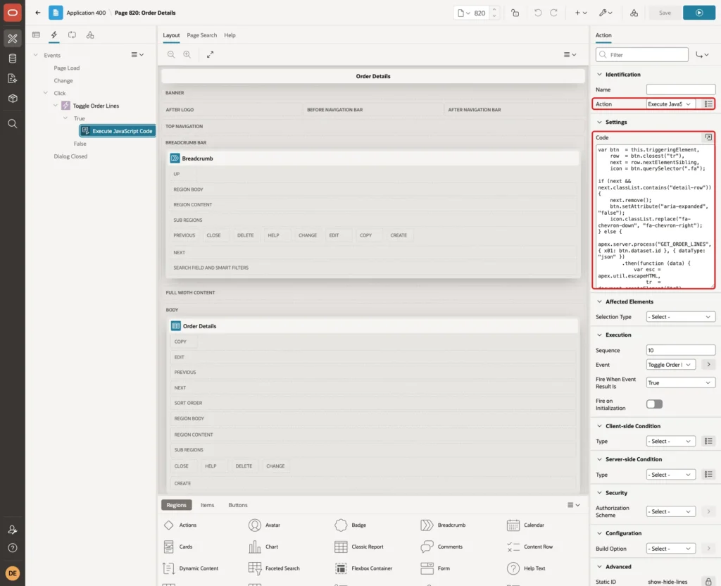 True action with Action Execute JavaScript Code and the Code editor marked with red boxes