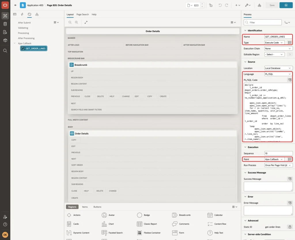 Process GET_ORDER_LINES with Name, Type, Language, PL/SQL Code and Point Ajax Callback marked with red boxes