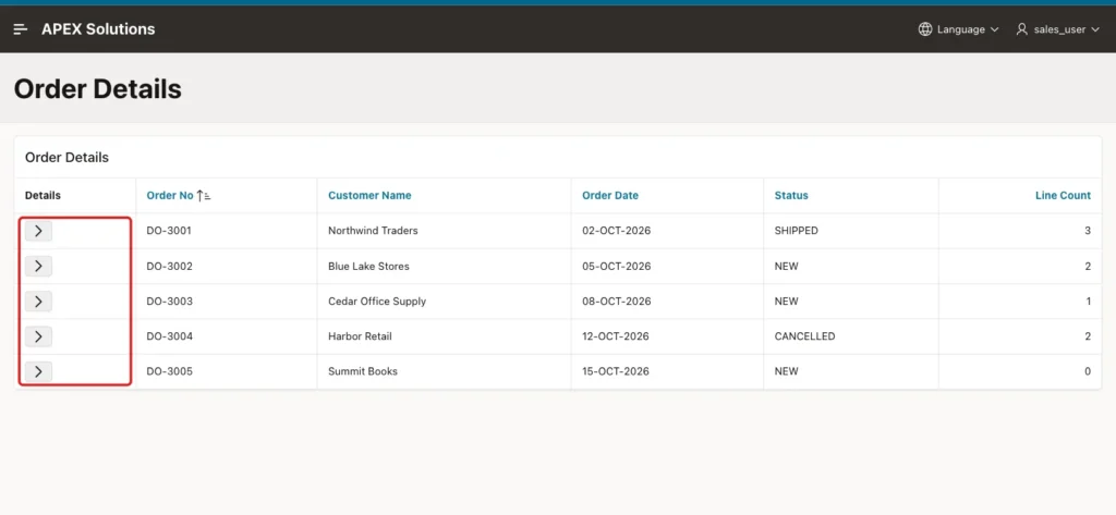 Order Details report with an arrow button in the Details column of each row marked with a red box