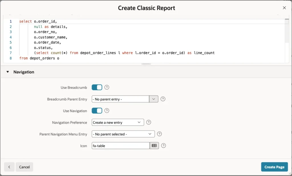 Navigation section of the Create Classic Report wizard with the default breadcrumb and navigation menu settings