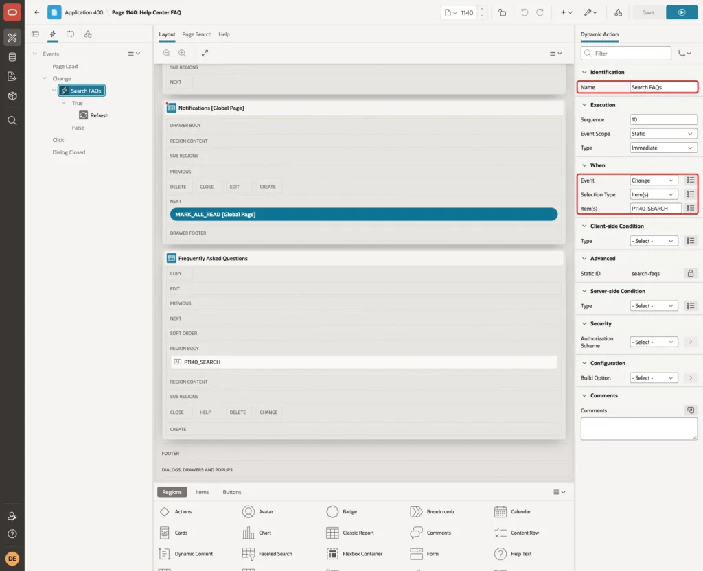 Dynamic action Search FAQs with Event Change, Selection Type Item(s) and Item(s) P1140_SEARCH marked with red boxes