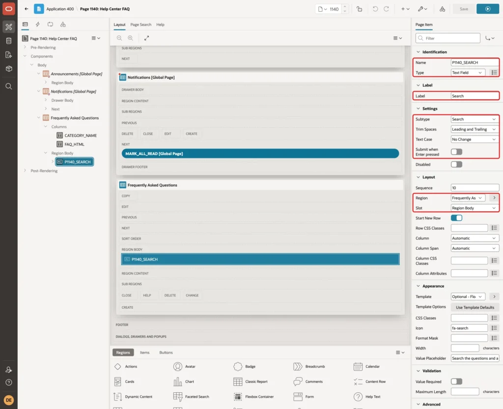 P1140_SEARCH with Name, Type Text Field, Label Search, Subtype Search, Submit when Enter pressed off, Region and Slot Region Body marked with red boxes