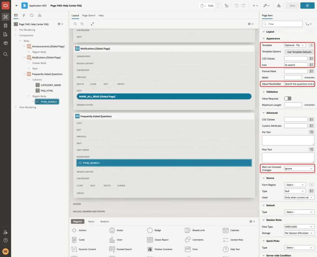 Appearance group with Template, Icon and Value Placeholder, and Warn on Unsaved Changes Ignore marked with red boxes