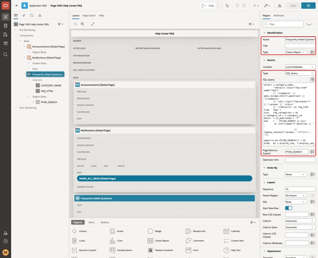 Page Designer with the Frequently Asked Questions region, Type Classic Report, the SQL query and Page Items to Submit P1140_SEARCH marked with red boxes