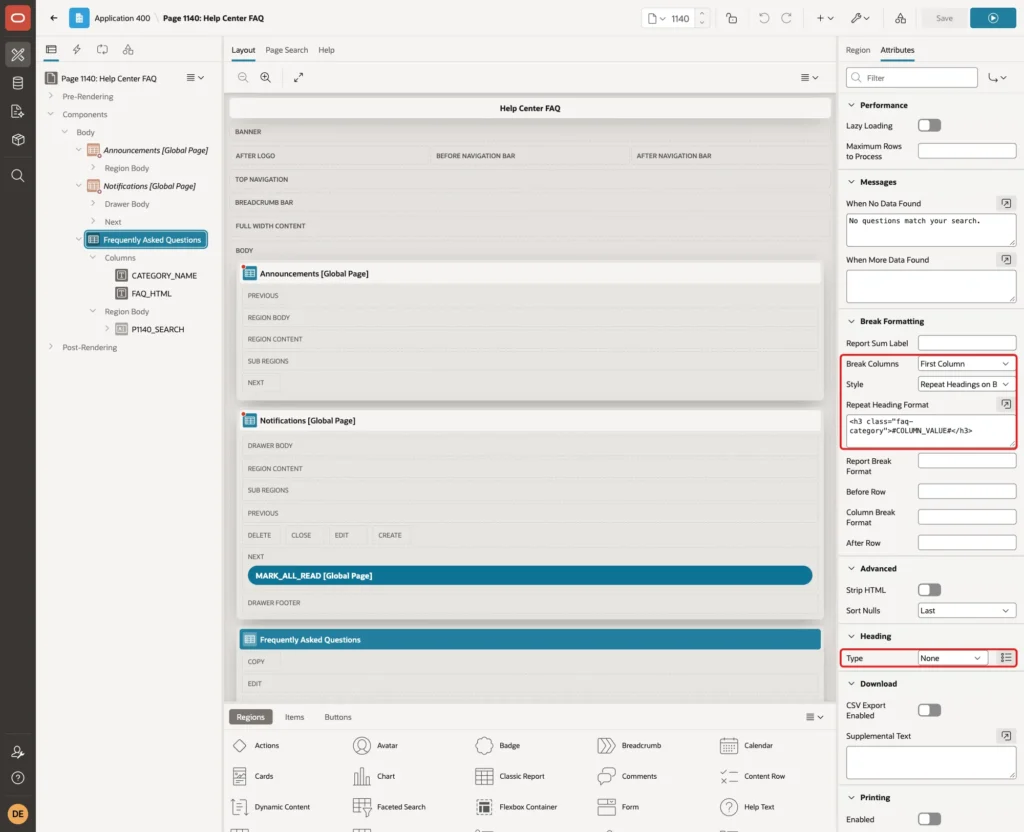 Attributes tab with Break Columns First Column, Style Repeat Headings on Break, Repeat Heading Format and Heading Type None marked with red boxes