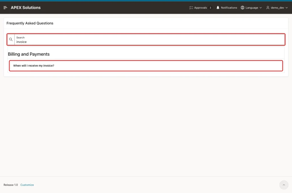 Search field with the term invoice and the single question When will I receive my invoice? marked with red boxes