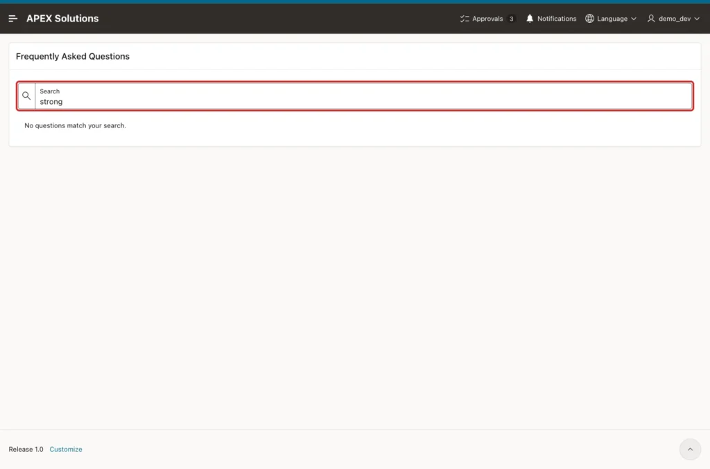 Search field with the term strong marked with a red box and the message No questions match your search.