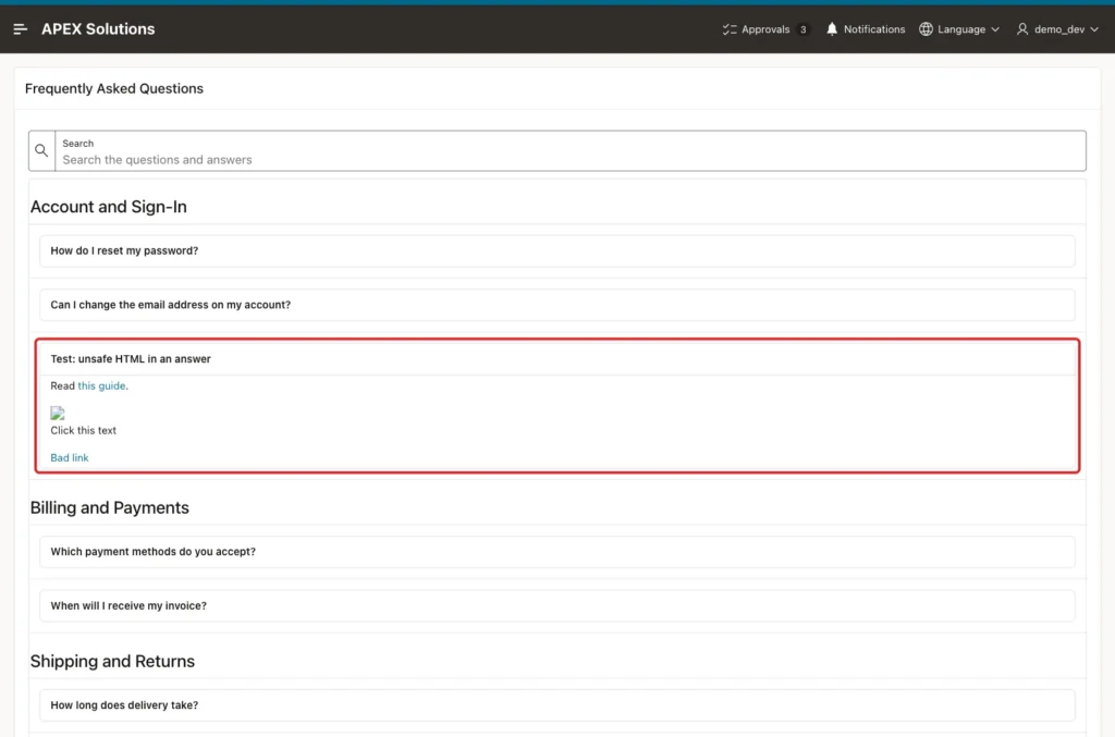 The test question open, showing the safe link, a broken image, Click this text and Bad link, marked with a red box