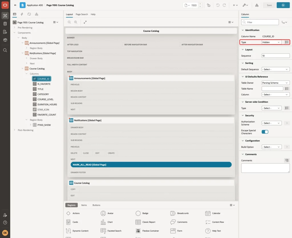 COURSE_ID column with Type Hidden marked with a red box
