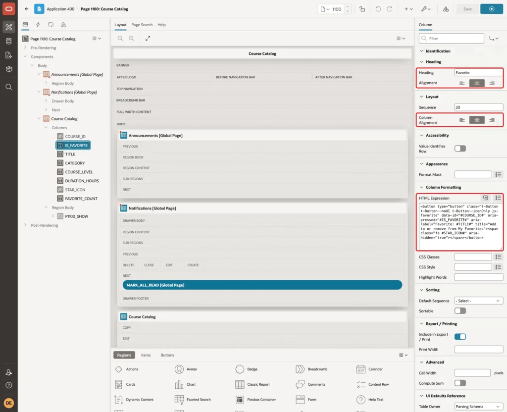 IS_FAVORITE column with Heading Favorite, Alignment center, Column Alignment center and the HTML Expression marked with red boxes