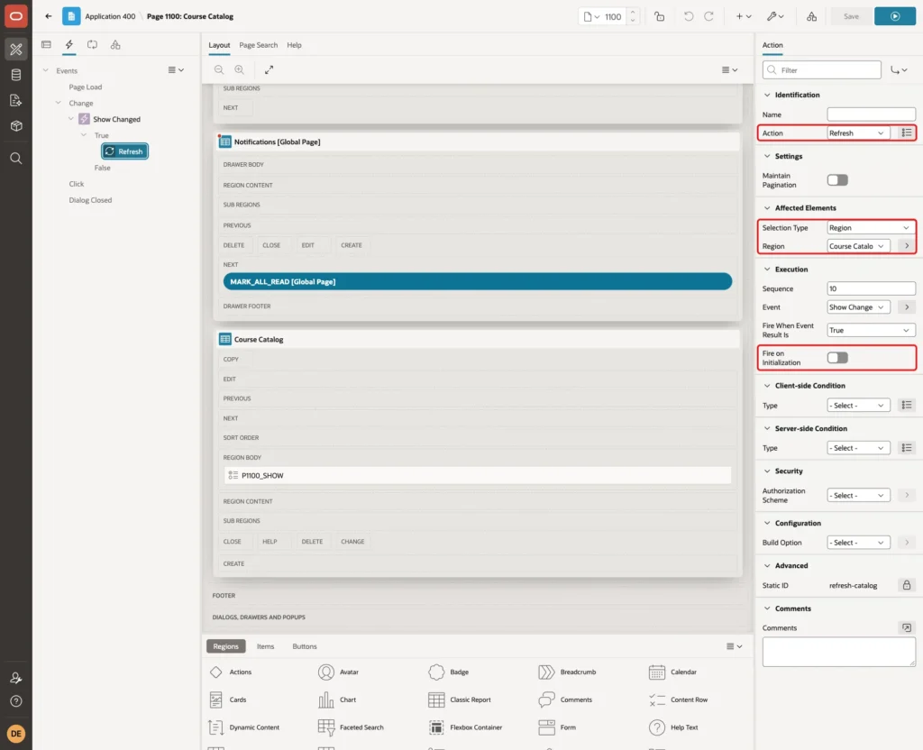 Refresh action with Affected Elements Selection Type Region, Region Course Catalog and Fire on Initialization off marked with red boxes