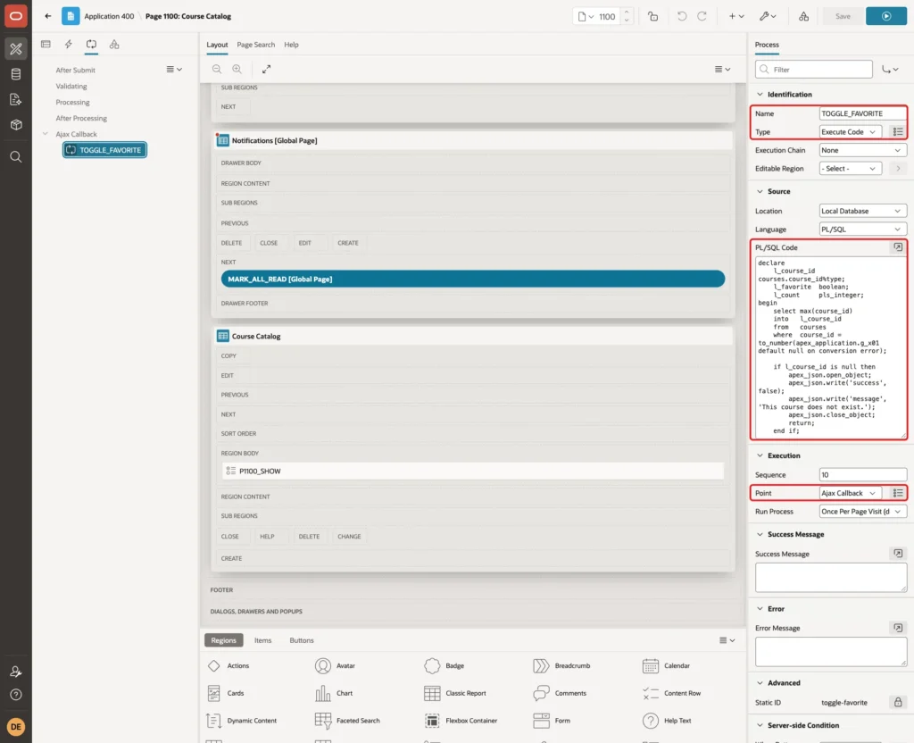 TOGGLE_FAVORITE process with Name, Type Execute Code, the PL/SQL Code and Execution Point Ajax Callback marked with red boxes