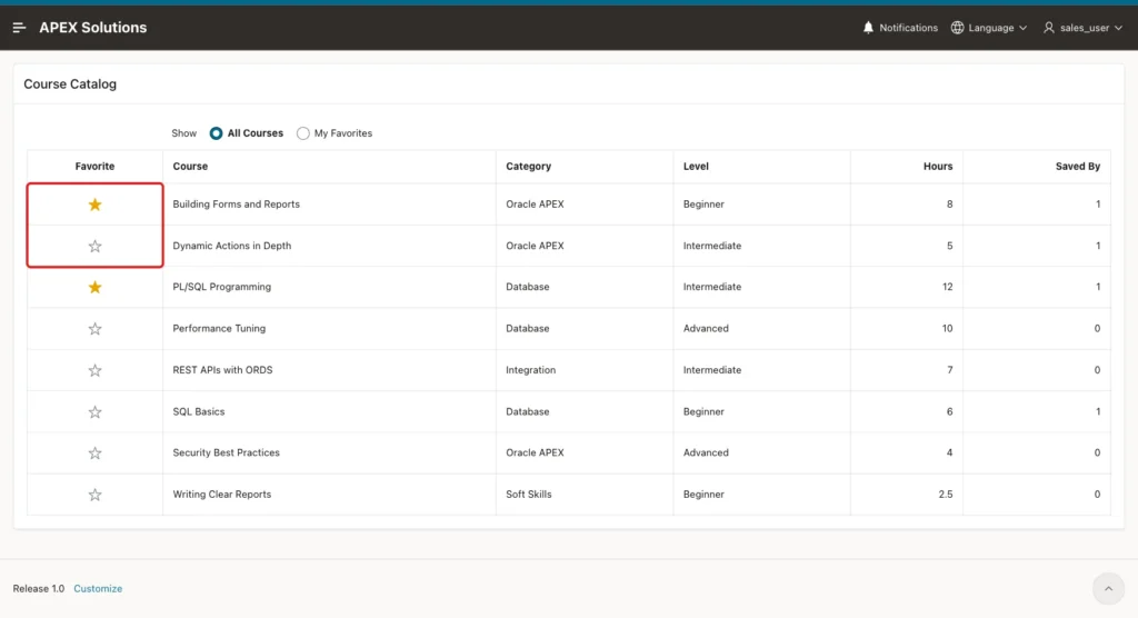 Course Catalog as SALES_USER with the gold star of Building Forms and Reports and the empty star of Dynamic Actions in Depth marked with a red box