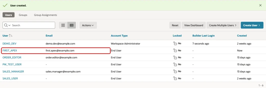 Manage Users and Groups with the message User created. and the row FIRST_APEX marked with a red box
