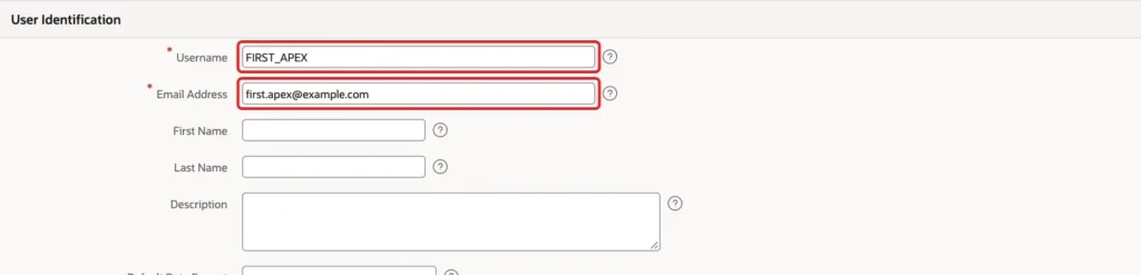 Create User page with Username FIRST_APEX and Email Address first.apex@example.com marked with red boxes