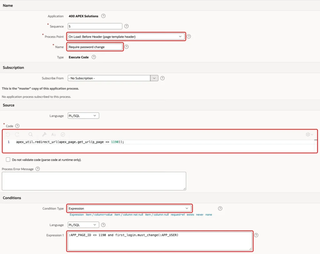 Application Process with Sequence 5, Process Point On Load Before Header, Name Require password change, the redirect code and the condition marked with red boxes