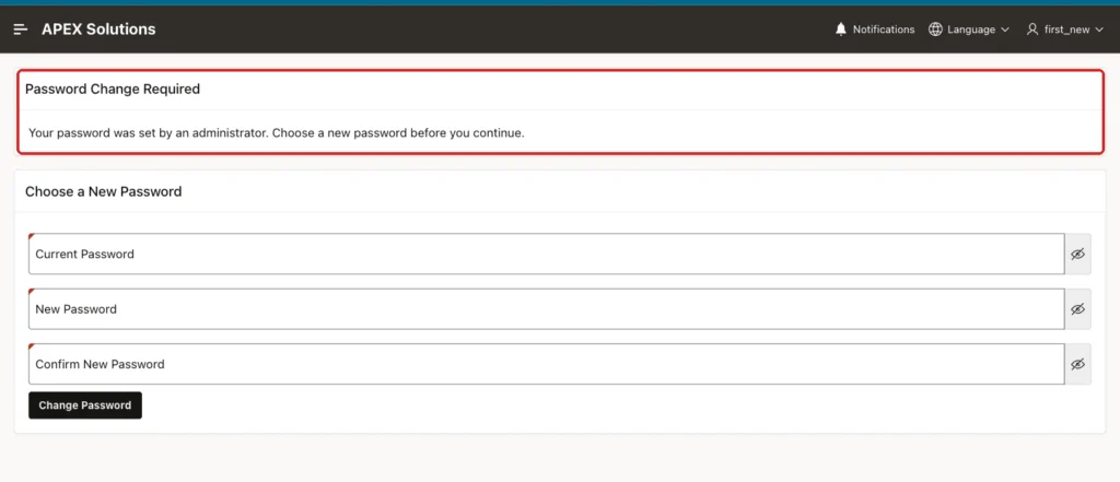 Change Password page with the region Password Change Required and the three password fields, the first region marked with a red box