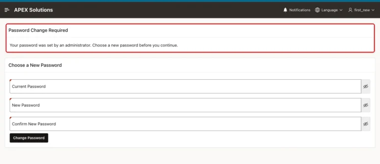 Change Password page with the region Password Change Required and the three password fields, the first region marked with a red box