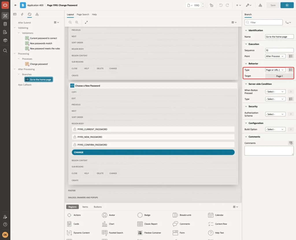 Branch Go to the home page with Type Page or URL and Target Page 1 marked with a red box