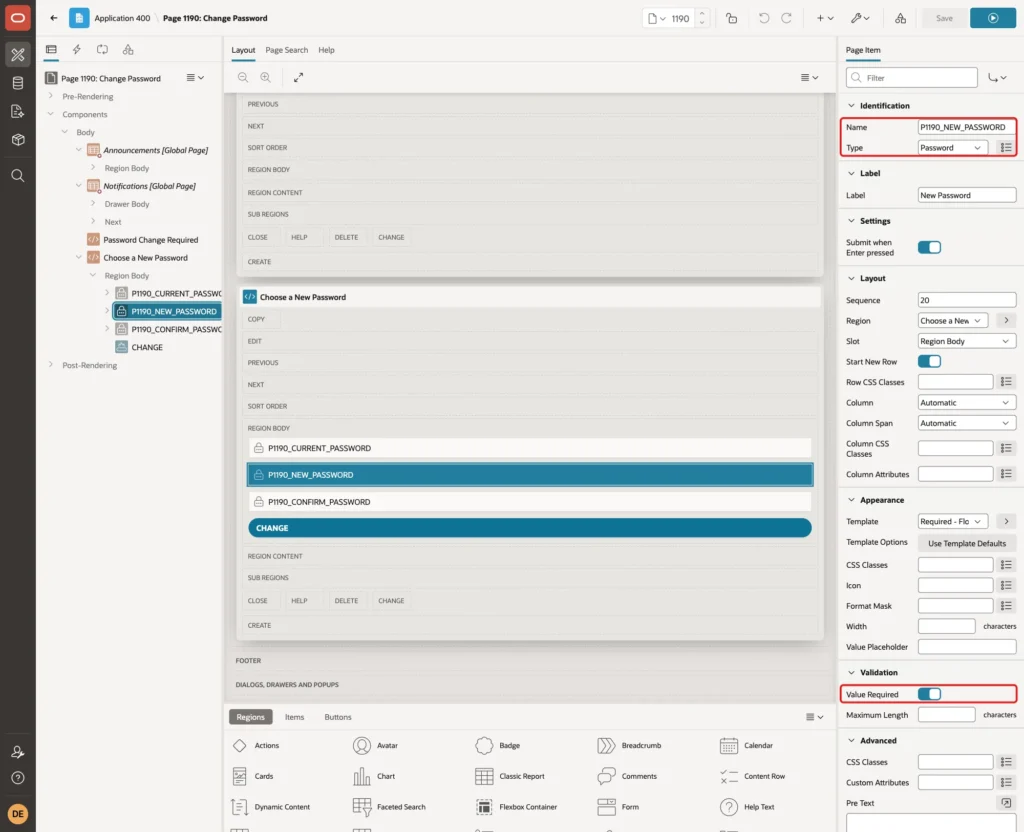 Page Designer with the item P1190_NEW_PASSWORD, Type Password and Value Required on, marked with red boxes