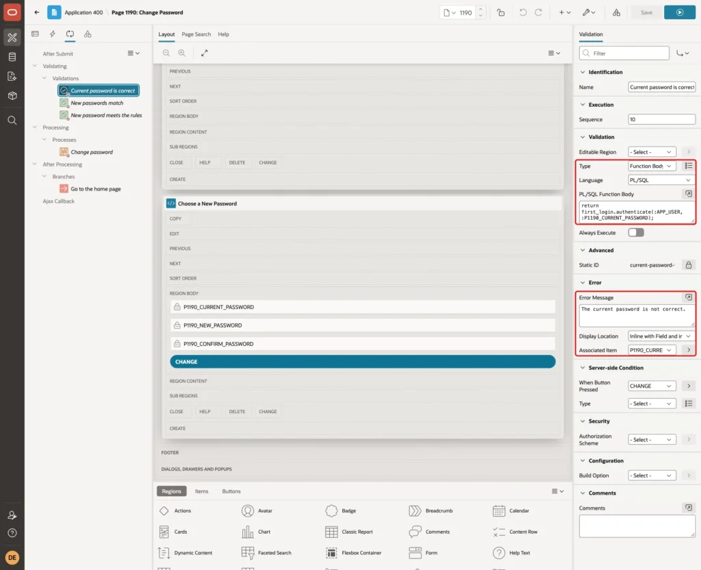 Validation Current password is correct with Type Function Body, Language PL/SQL, the function body, the error message and the associated item marked with red boxes