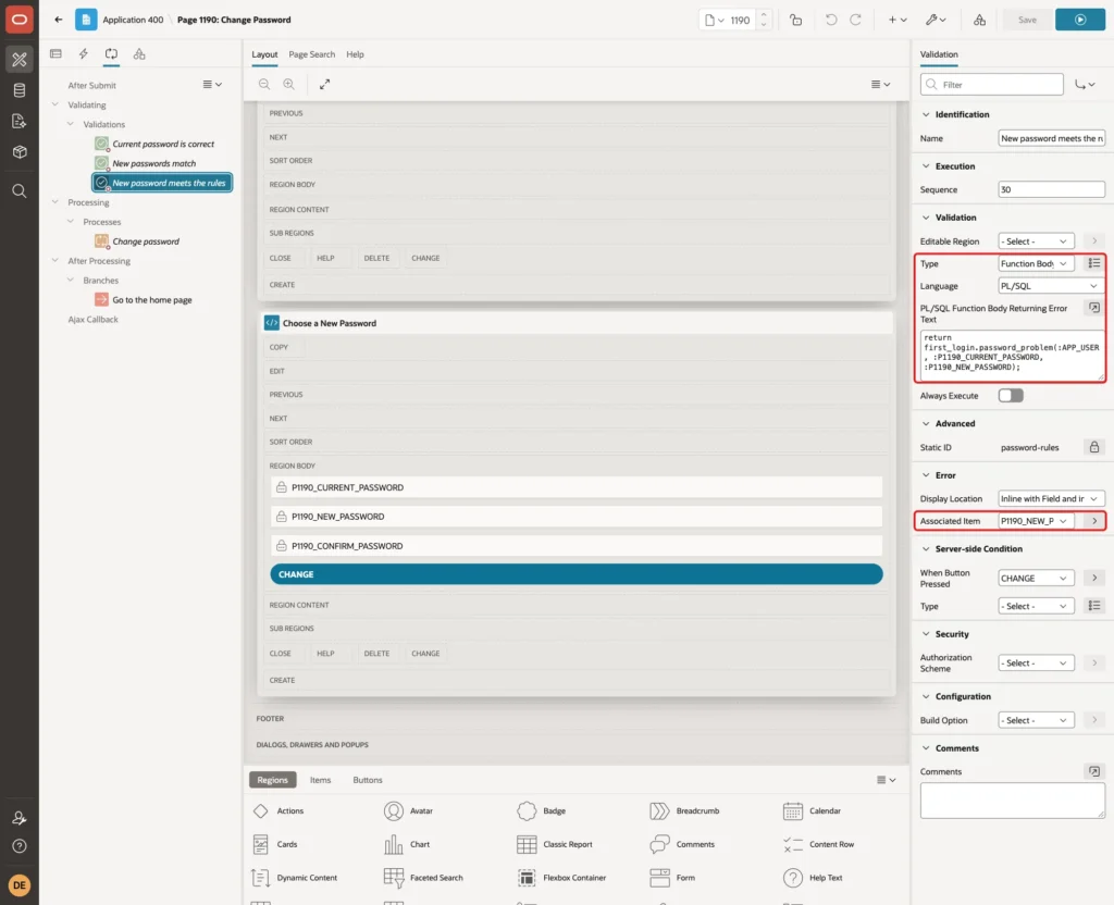 Validation New password meets the rules with Type Function Body, Language PL/SQL, the function body returning error text and the associated item marked with red boxes
