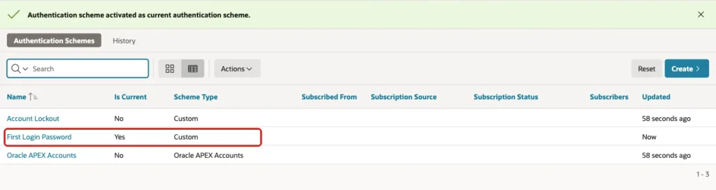 Authentication Schemes list with the First Login Password row, Is Current Yes and Scheme Type Custom marked with a red box