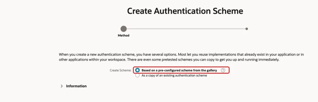 Create Authentication Scheme wizard with the option Based on a pre-configured scheme from the gallery marked with a red box